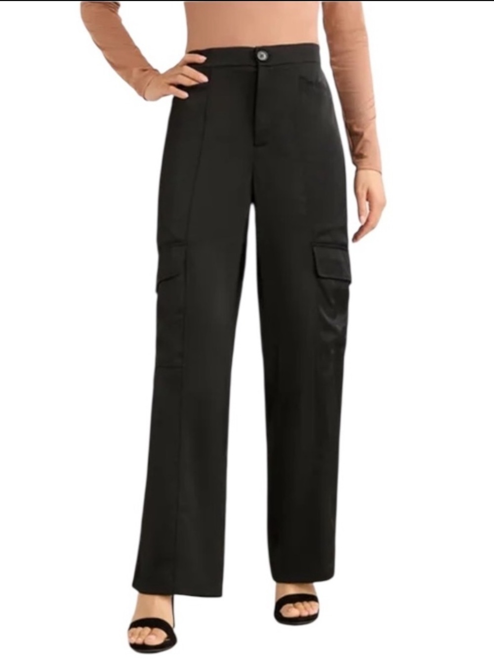 Sofia Vergara Black Satin Cargo Pants Wide Leg Utility Streetwear Chic S(4-6)